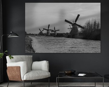 Zwart witte foto van molens bij Kinderdijk. van Hartsema fotografie