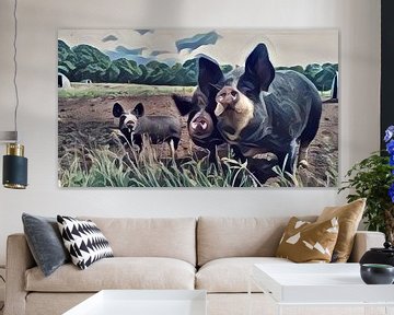 Surrealistisch schilderij van bonte varkens in een weiland van Rezona