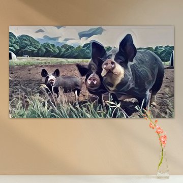 Surrealistische Malerei von farbigen Schweinen auf einer Wiese von Ortsdrucke