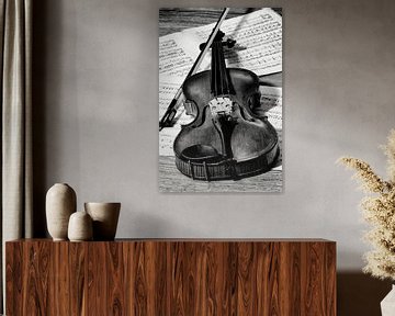 viool met strijkstok en bladmuziek in zwart wit van Klaartje Majoor