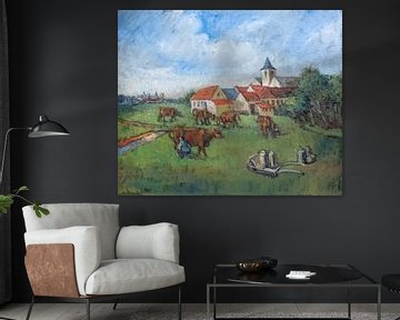 Koeien melken in het weiland - olieverf op doek - Pieter Ringoot