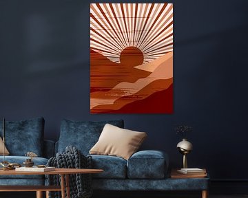 Retro landscape with sun and mountains in brown, terra and beige by Dina Dankers