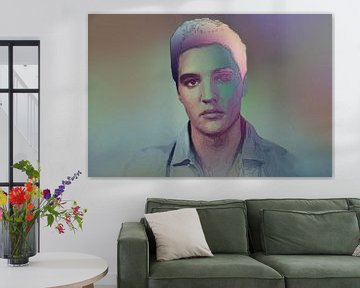 Elvis Presley Modern Abstract Portret in Blauw, Oranje, Paars van Art By Dominic