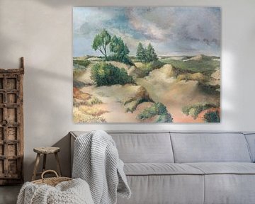 Peinture d'un paysage de dunes surplombant la réserve naturelle du Westhoek à La Panne (Belgique)