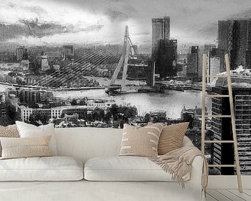 Panorama Rotterdam skyline zwart wit van Digitale Schilderijen