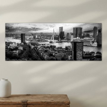 Panorama Rotterdam skyline black white by Digitale Schilderijen