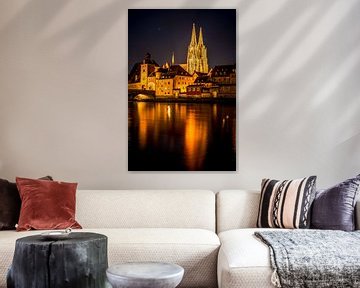 Regensburg am Abend Steinerne Brücke, Dom und Donau bei Nacht