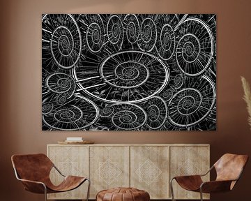 spirals of bicycle wheel in black and white by Klaartje Majoor