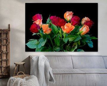 A bunch of orange and red roses on a black background by Jolanda de Jong-Jansen
