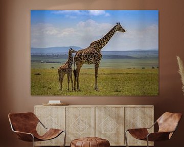 Masai-giraffe met jong van Peter Michel
