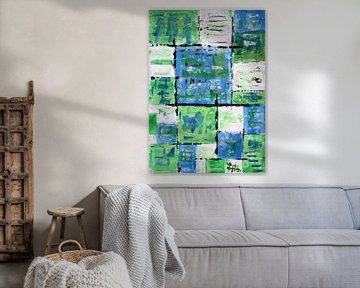 Vierkanten compositie in blauw en groen van elha-Art