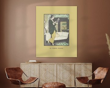 Le temps perdu mosterd geel | Vrouw die boek leest | Historische Art Deco Mode Prent van NOONY