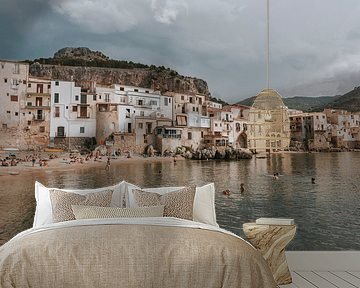 View of the city and the water of Cefalu, Sicily Italy by Manon Visser