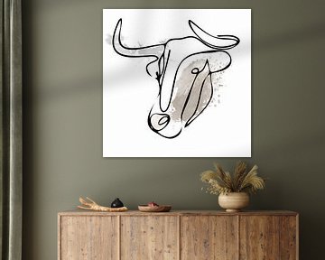 Lijntekening van een Stier met Waterverf Kleur van Art By Dominic