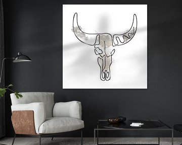 Lijntekening van een Stier Schedel met Waterverf van Art By Dominic