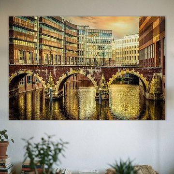 Reflection Ellernstorsbrücke in the Herrengrabenfleet in Hamburg by Dieter Walther