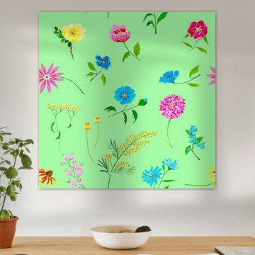 Fleurig naadloos bloemenpatroon op groene achtergrond van Ivonne Wierink