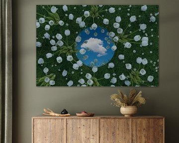 Round mirror reflects white single cloud and lies on green meadow surrounded by white tulips and dai by Besa Art