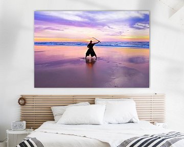 Young samurai woman with Japanese sword(Katana) at sunset on the beach by Eye on You