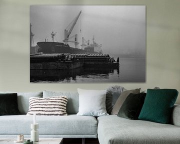 Vrachtschepen in de mist van de haven Amsterdam. van scheepskijkerhavenfotografie