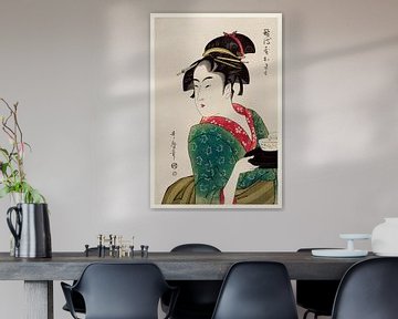 Traditionele Japanse vrouw die in een theehuis dient door Utamaro Kitagawa
