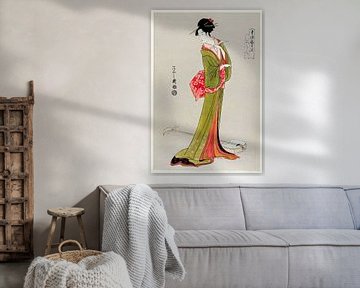 Traditionele Japanse illustratie in Ukyio-e-stijl van een Japanse vrouw in een kimono door Eishi Hos