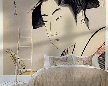 Traditionele Japanse Ukyio-e stijlillustratie van een Japans vrouwenportret dat een boek leest door  van Studio POPPY