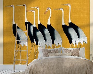 A traditional portrait of a flock of beautiful Japanese red crown crane by Ogata Korin by Studio POPPY