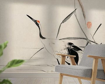 Traditioneel portret van een elegante Japanse kraanvogel door Mochizuki Gyokusen van Studio POPPY