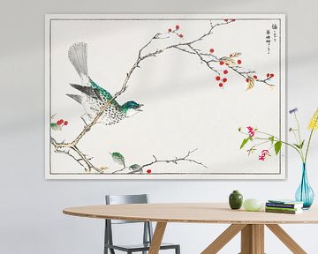 Japanse vogel met hulst tak door Numata Kashu van Studio POPPY