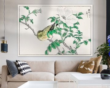 Illustratie met Bulbul en Rosa Rugosa door Numata Kashu