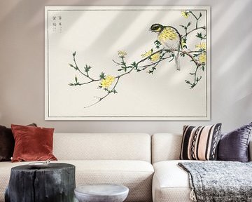 Japanse Bunting met bloeiende tak illustratie door Numata Kashu van Studio POPPY