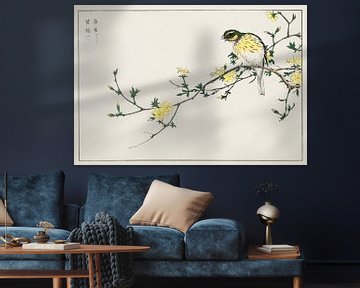 Japanse Bunting met bloeiende tak illustratie door Numata Kashu