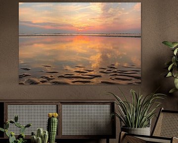 Summer sunset at the North Sea beach with a wave pattern in the sand by Sjoerd van der Wal Photography