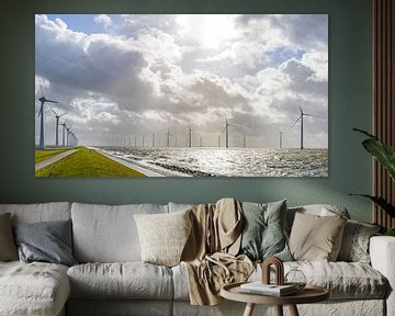 Wind park with wind turbines at the shore of the IJsselmeer in the Noordoostpolder by Sjoerd van der Wal