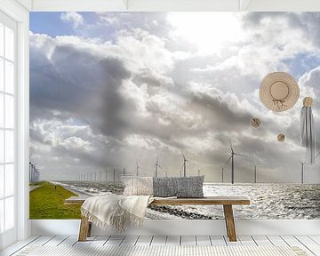 Windpark met windturbines aan de oever van het IJsselmeer in de Noordoostpolder van Sjoerd van der Wal Fotografie