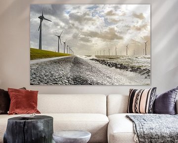 Windturbines on the shore of the IJsselmeer by Sjoerd van der Wal
