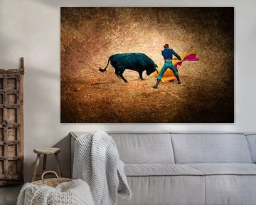 Meervoudige blootstelling op bruine achtergrond stierengevecht met matador en stier van Dieter Walther