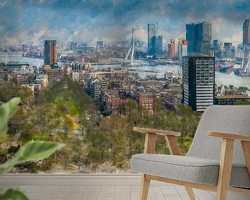 Geschilderde panorama van de skyline van Rotterdam van Arjen Roos