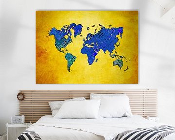 wereldkaart kunst blauw geel #kaart #wereldkaart van JBJart Justyna Jaszke