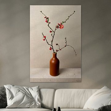 Branche de fleurs dans un vase, chaenomeles japonica, Japandi style sur Joske Kempink