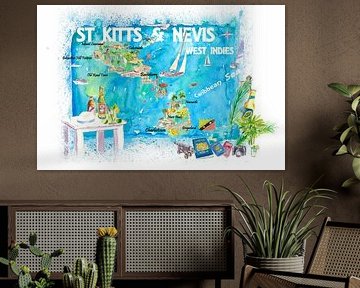 St. Kitts Nevis Antillen Illustrierte Karibik Reisekarte mit Highlights der Westindischen Inseln Tra
