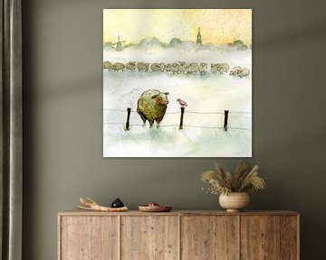 Schaf mit Rotkehlchen von Martine van Nieuwenhuyzen