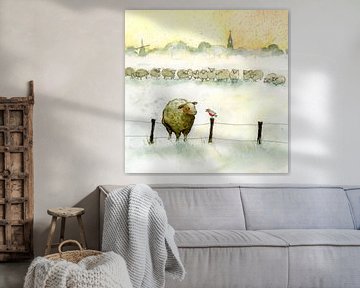 Sheep with robin by Martine van Nieuwenhuyzen