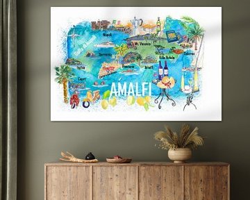 Amalfi Italien Illustrierte Mittelmeer-Reisekarte mit Highlights des Golfs von Neapel von Markus Bleichner