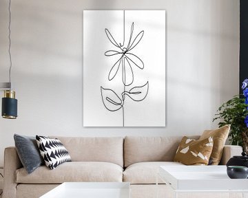 Dessin au trait abstrait d'une fleur, ligne noire sur fond blanc - en forme de marguerite sur Emiel de Lange