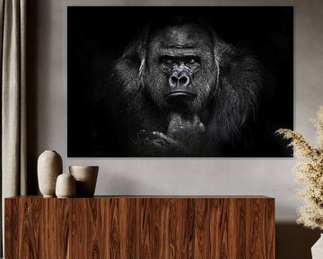 Ein Gorillamännchen mit kräftigen Schultern, breiten Schultern und missmutigem Blick blickt ruhig un von Michael Semenov
