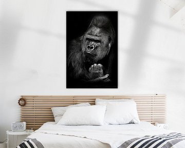De sceptische pose van de gorillabaas, het mannetje spreekt van twijfel en bedachtzaamheid, een half van Michael Semenov