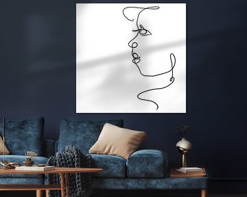 Dessin au trait, traits de stylo noirs sur fond blanc, formant une vue latérale abstraite d'un visag sur Emiel de Lange