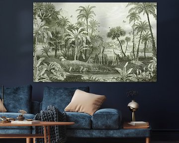 Vintage jungle with giraffes and birds. Palms and ferns.